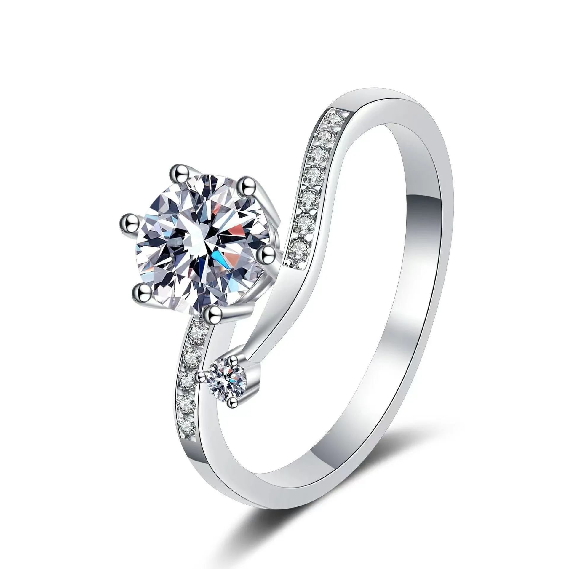 S925 sterling silver starry track ring with 1-karat oval plum blossom cut moissanite stone on white background