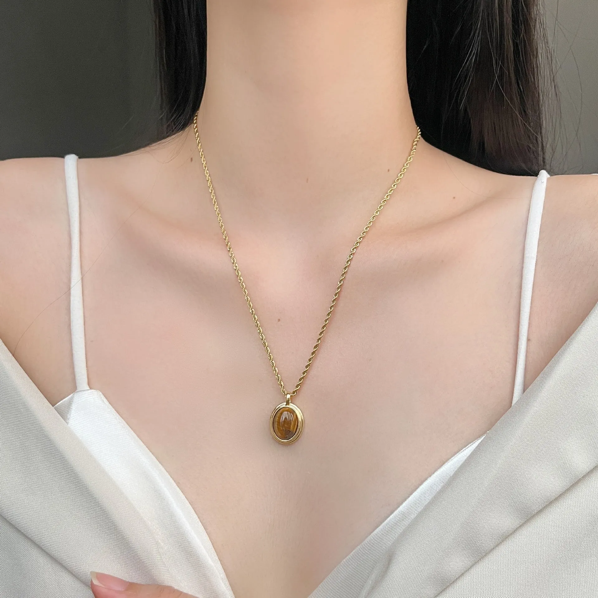 Natural tigereye titanium steel necklace with geometric pendant on regular chain
