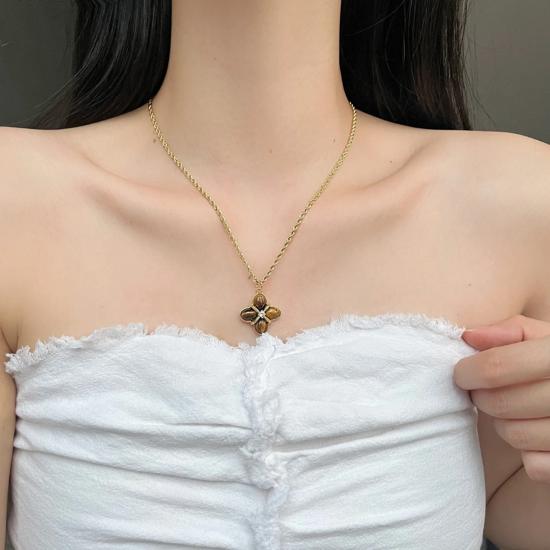 Natural tigereye titanium steel necklace with geometric pendant on regular chain