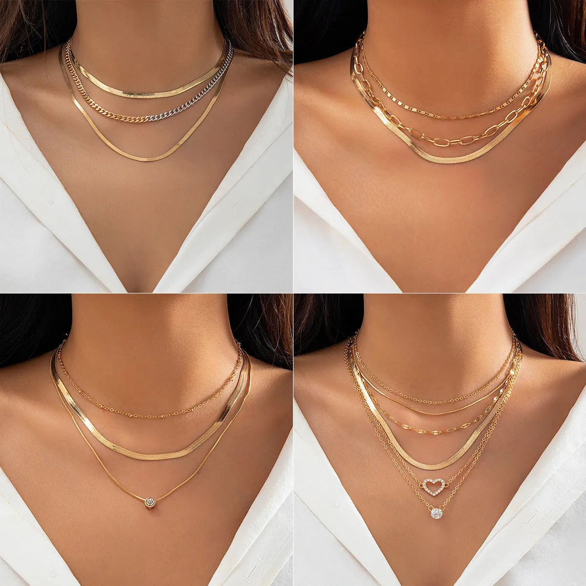 Multi-layer snake bone chain contrast colour necklace with U-shaped alloy pendant and pearl element on adjustable chain
