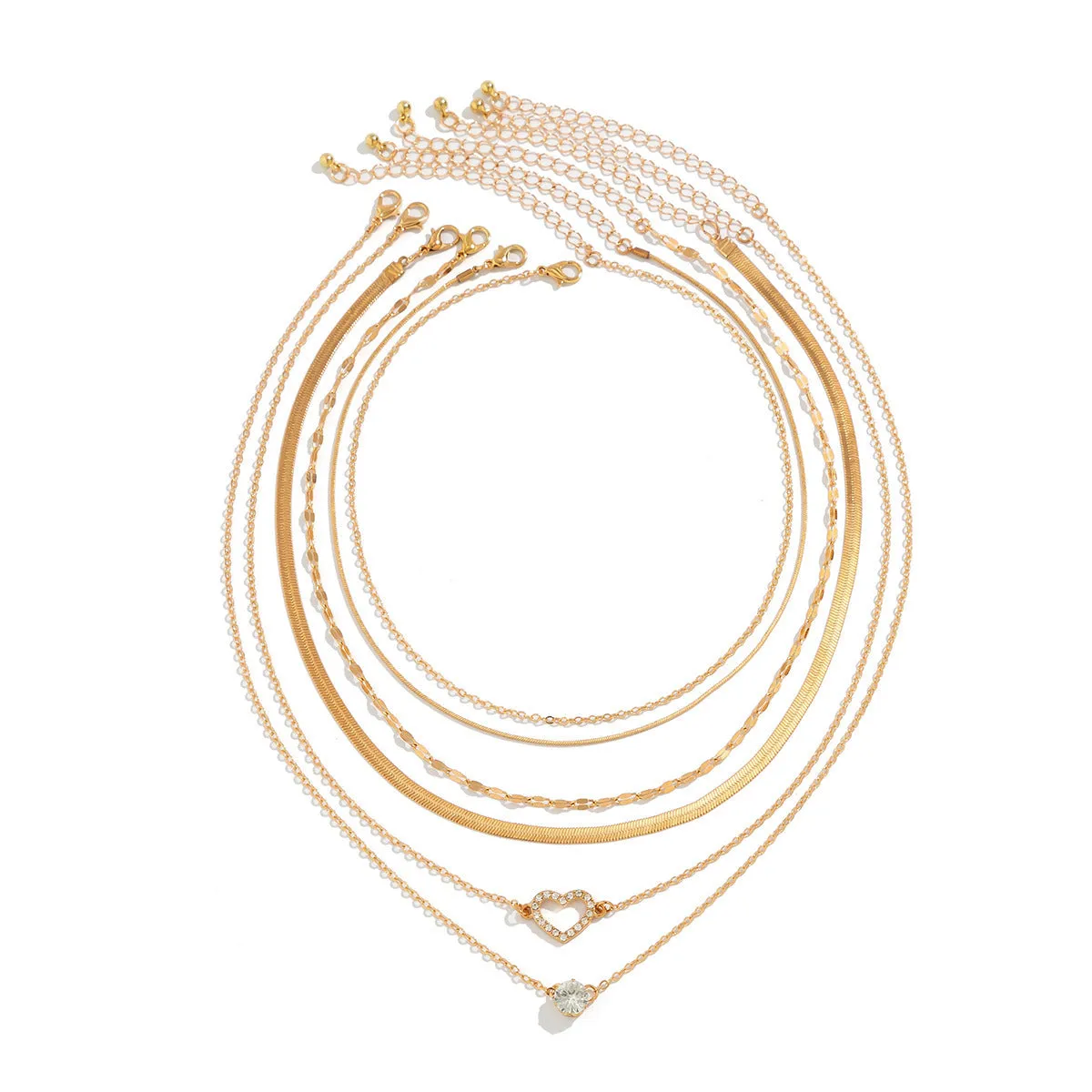 Multi-layer snake bone chain contrast colour necklace with U-shaped alloy pendant and pearl element on adjustable chain