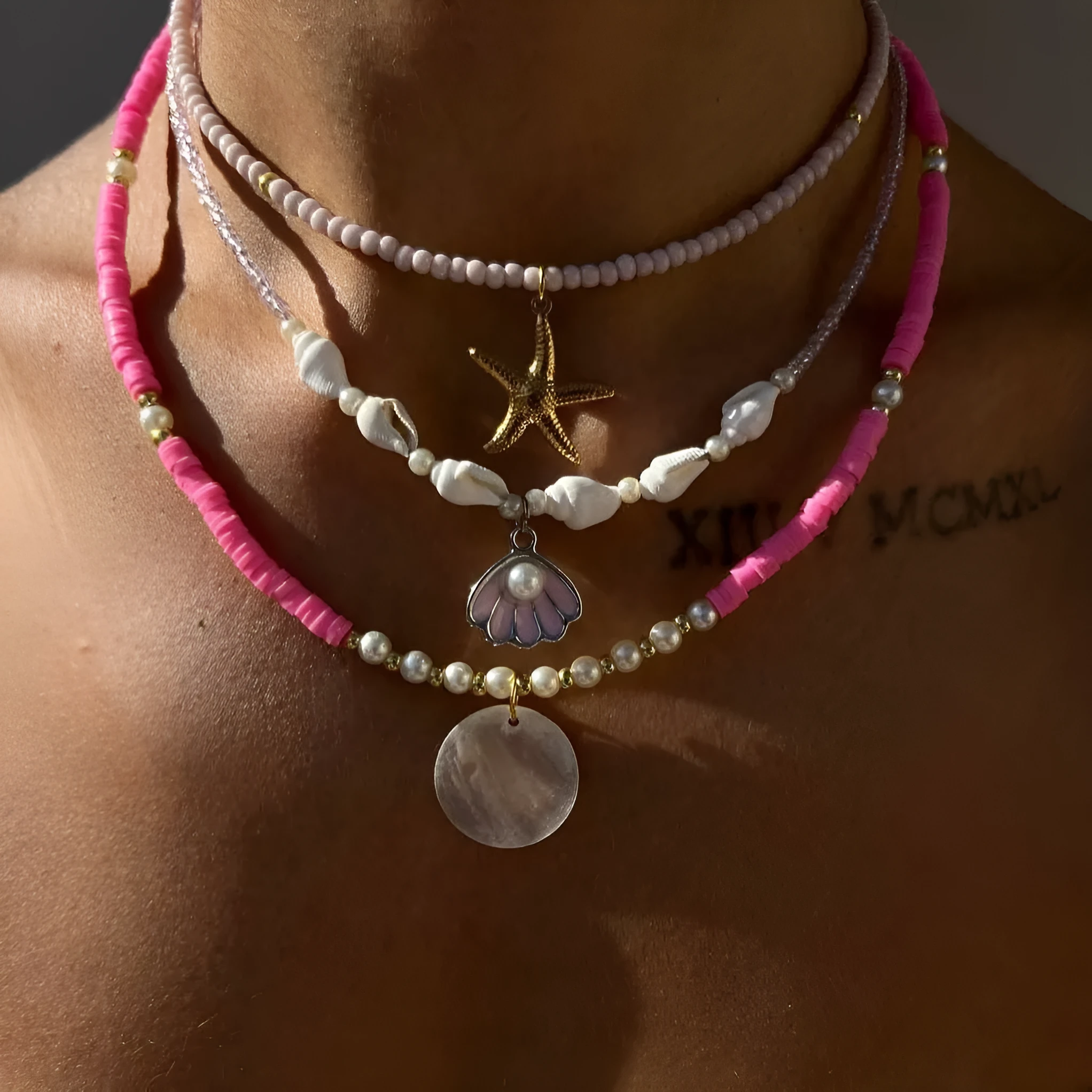 Polymer clay beaded multi-layer necklace with geometric alloy pendant, adjustable 41-50cm, for women