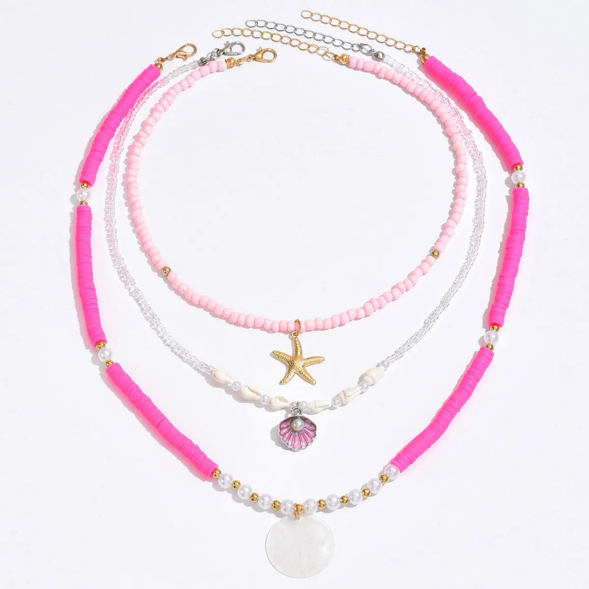 Polymer clay beaded multi-layer necklace with geometric alloy pendant, adjustable 41-50cm, for women