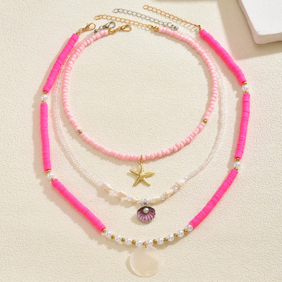 Polymer clay beaded multi-layer necklace with geometric alloy pendant, adjustable 41-50cm, for women