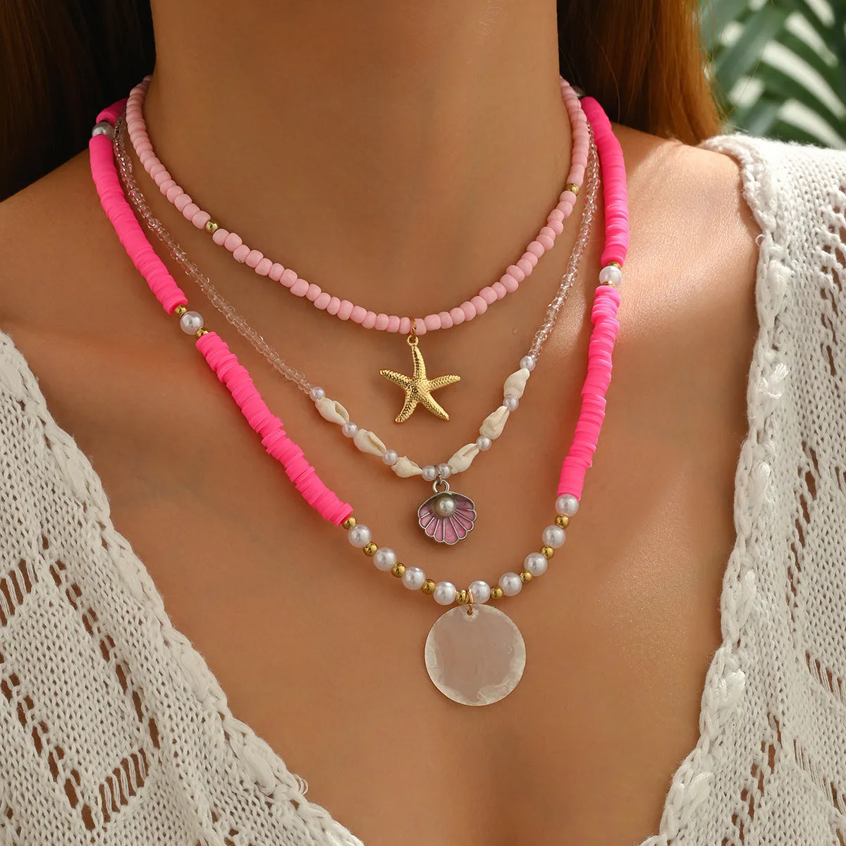 Polymer clay beaded multi-layer necklace with geometric alloy pendant, adjustable 41-50cm, for women