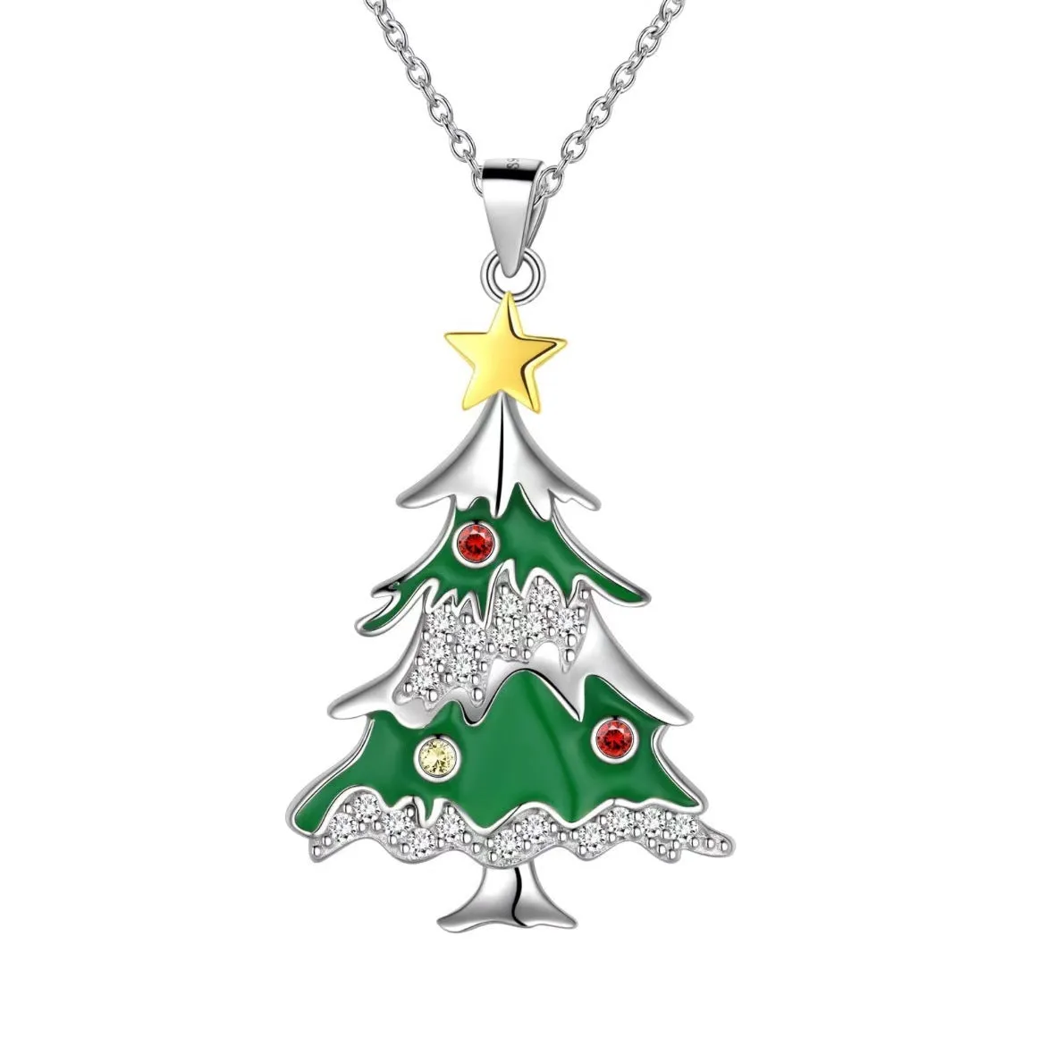 Christmas tree leaf-shaped alloy pendant necklace with rhinestone detailing and O-shaped chain