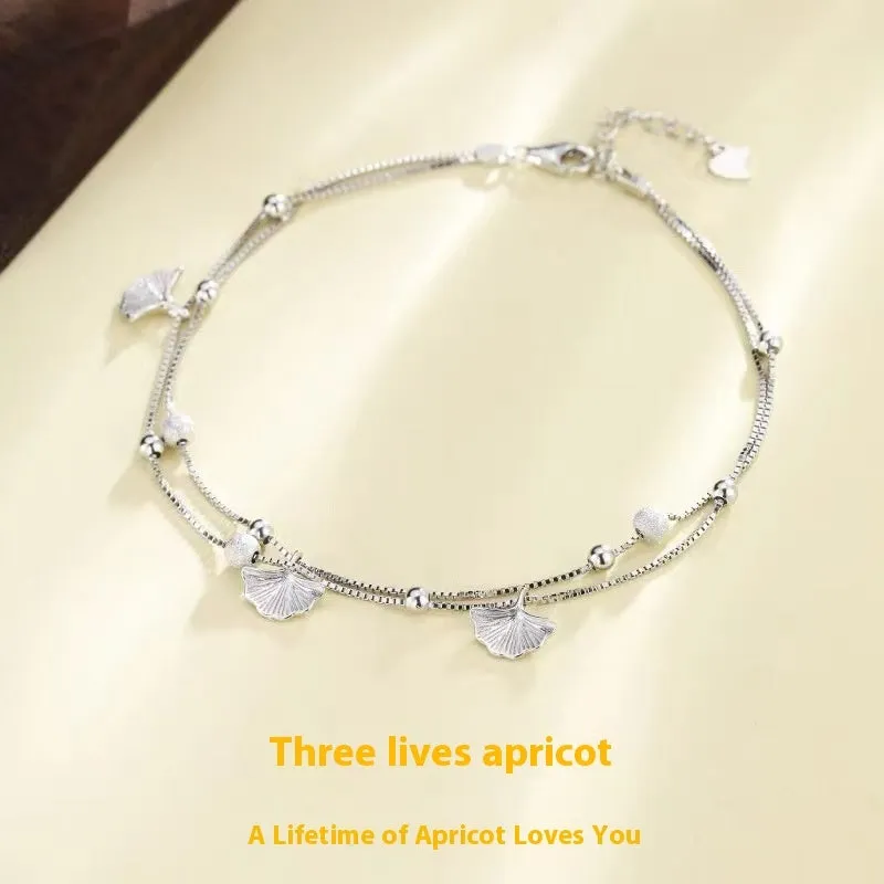 Silver plated ginkgo leaf anklet for women, simple flower shape on white copper base