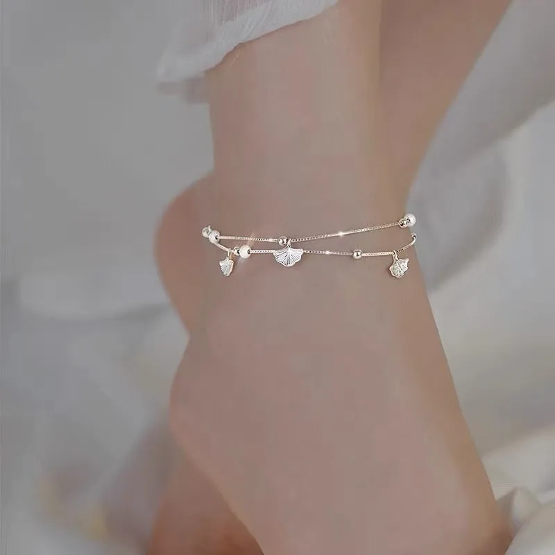 Silver plated ginkgo leaf anklet for women, simple flower shape on white copper base