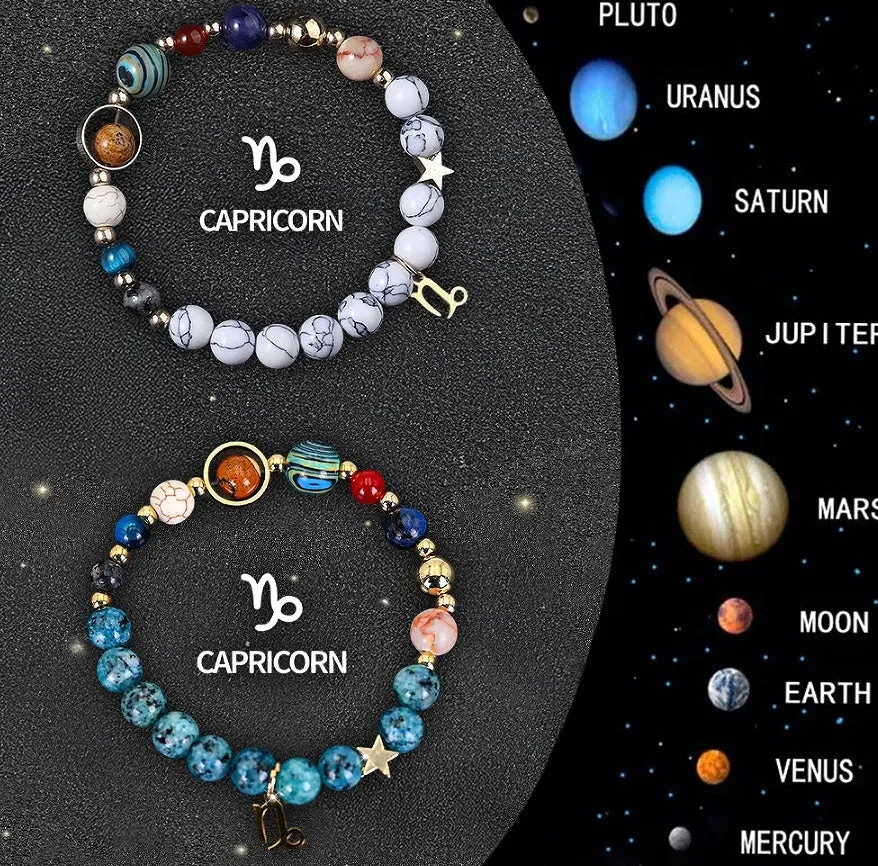 Set of two beaded bracelets with zodiac charms and natural stones on an adjustable leather cord.