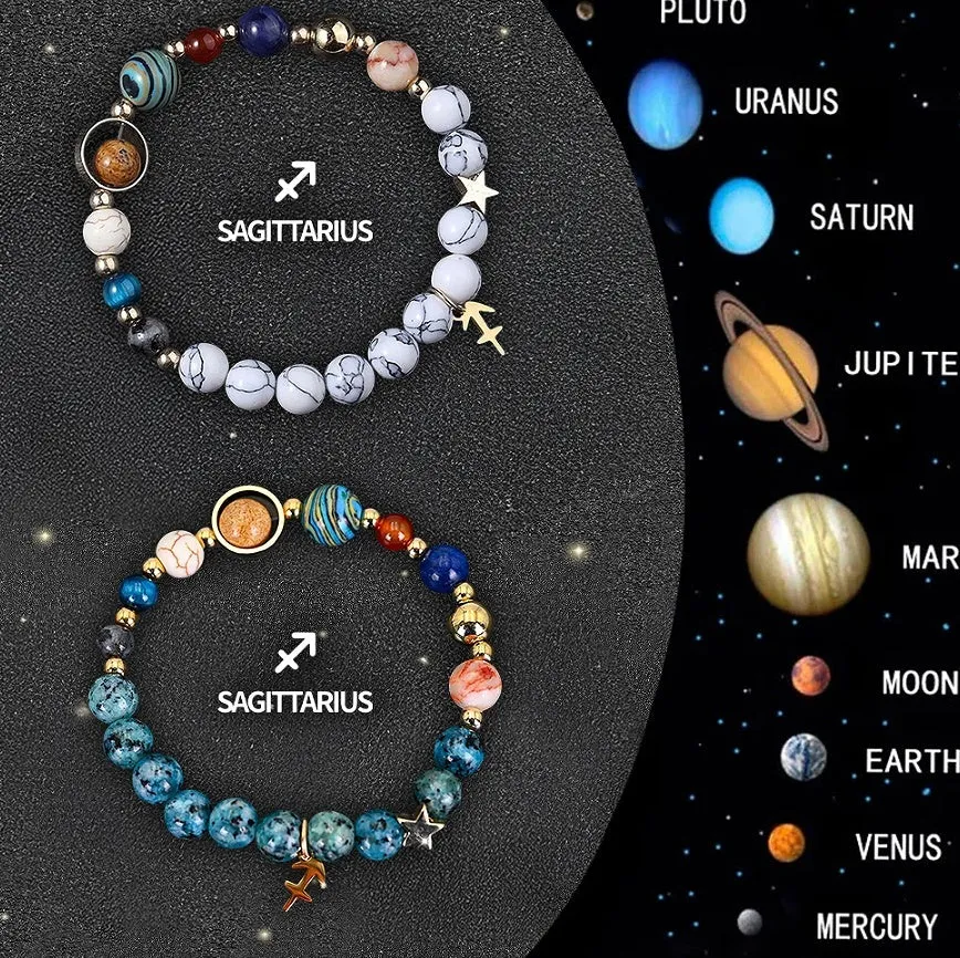 Set of two beaded bracelets with zodiac charms and natural stones on an adjustable leather cord.