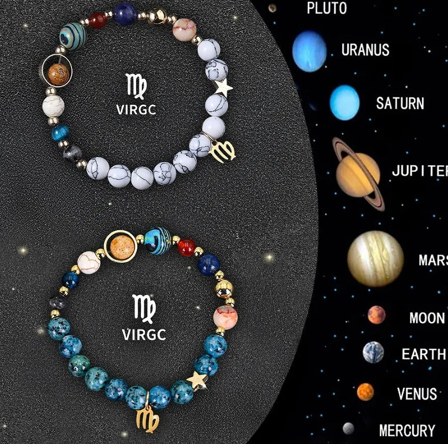 Set of two beaded bracelets with zodiac charms and natural stones on an adjustable leather cord.
