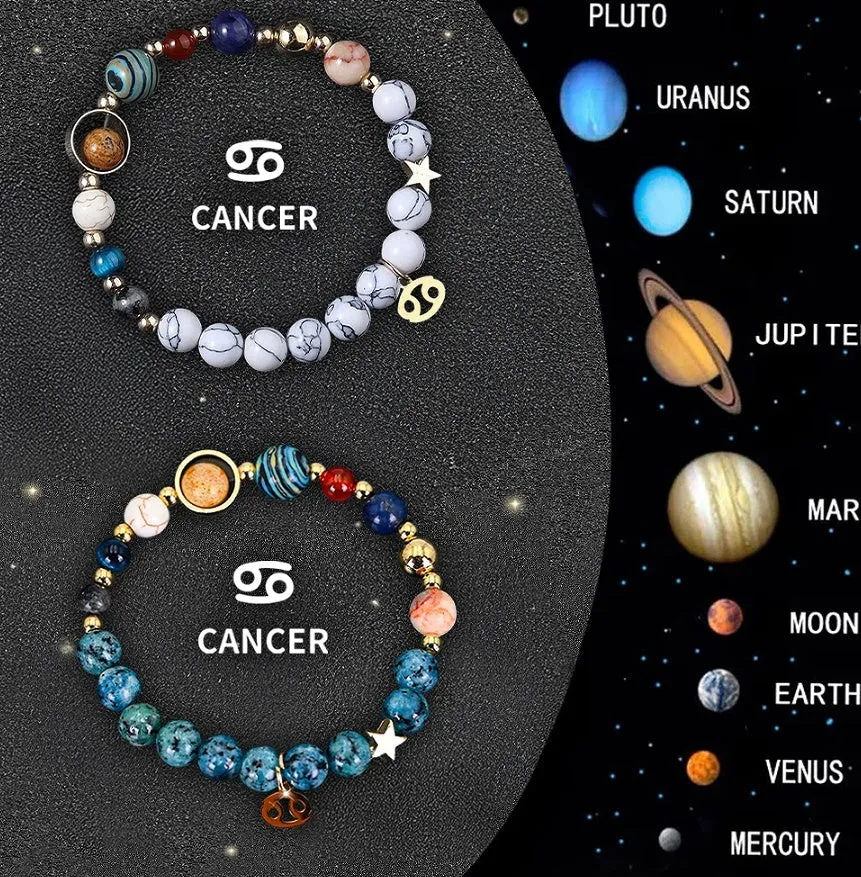 Set of two beaded bracelets with zodiac charms and natural stones on an adjustable leather cord.