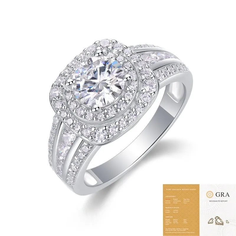 Moissanite silver ring with round cut geometric design on a silver band