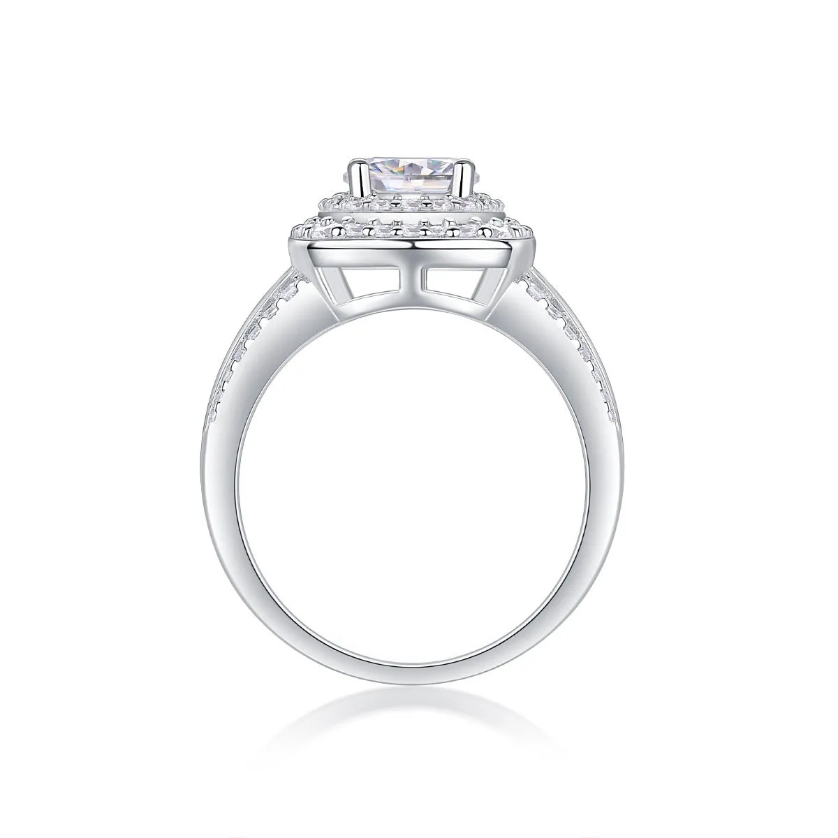 Moissanite silver ring with round cut geometric design on a silver band