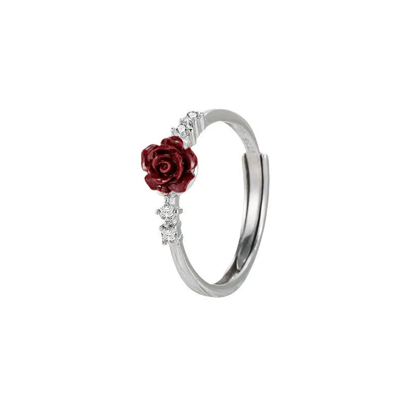 Copper flower ring with rose camellia design and zircon inlay, adjustable opening, 2g weight, available in multiple colours