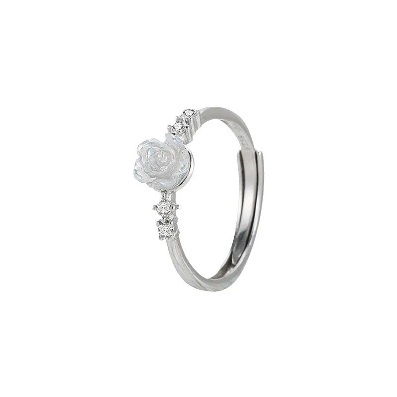 Copper flower ring with rose camellia design and zircon inlay, adjustable opening, 2g weight, available in multiple colours