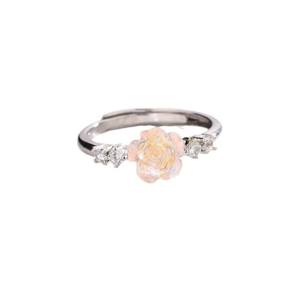 Copper flower ring with rose camellia design and zircon inlay, adjustable opening, 2g weight, available in multiple colours