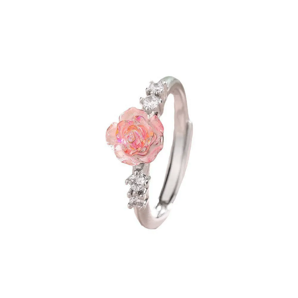 Copper flower ring with rose camellia design and zircon inlay, adjustable opening, 2g weight, available in multiple colours