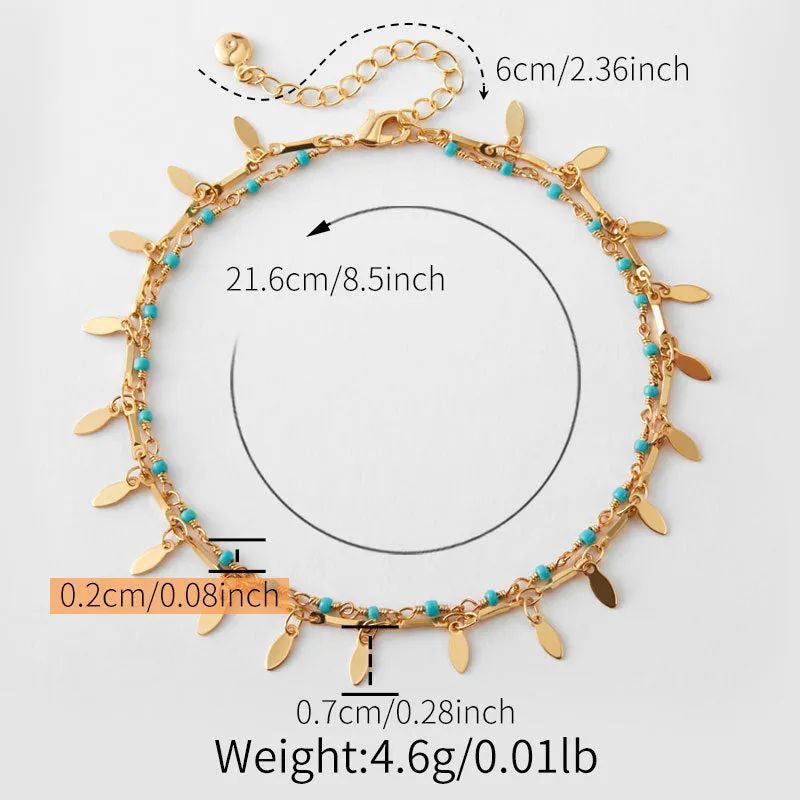 Beach layered retro copper plating 18K real gold anklet with ornament inlay for women