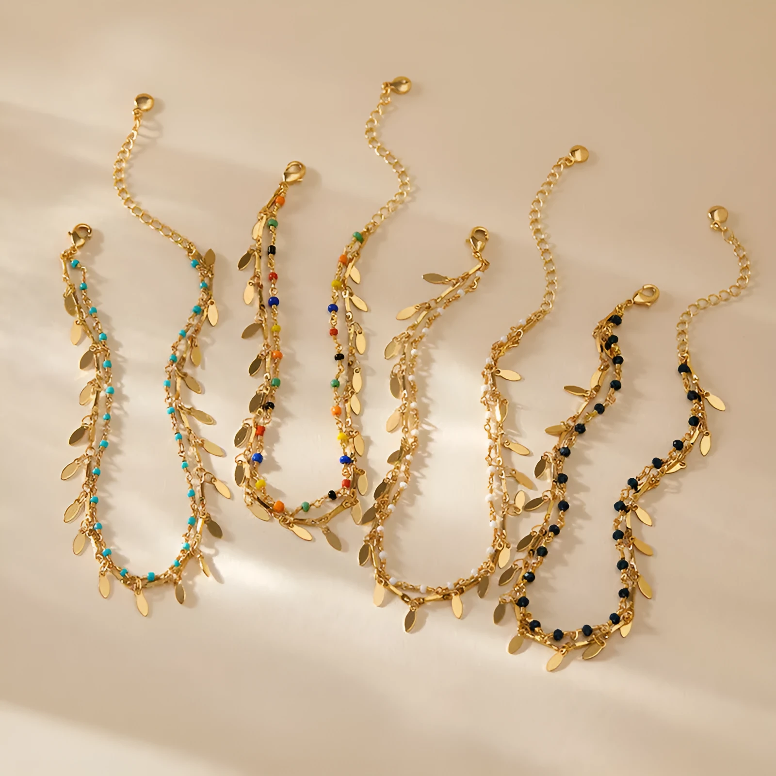 Beach layered retro copper plating 18K real gold anklet with ornament inlay for women