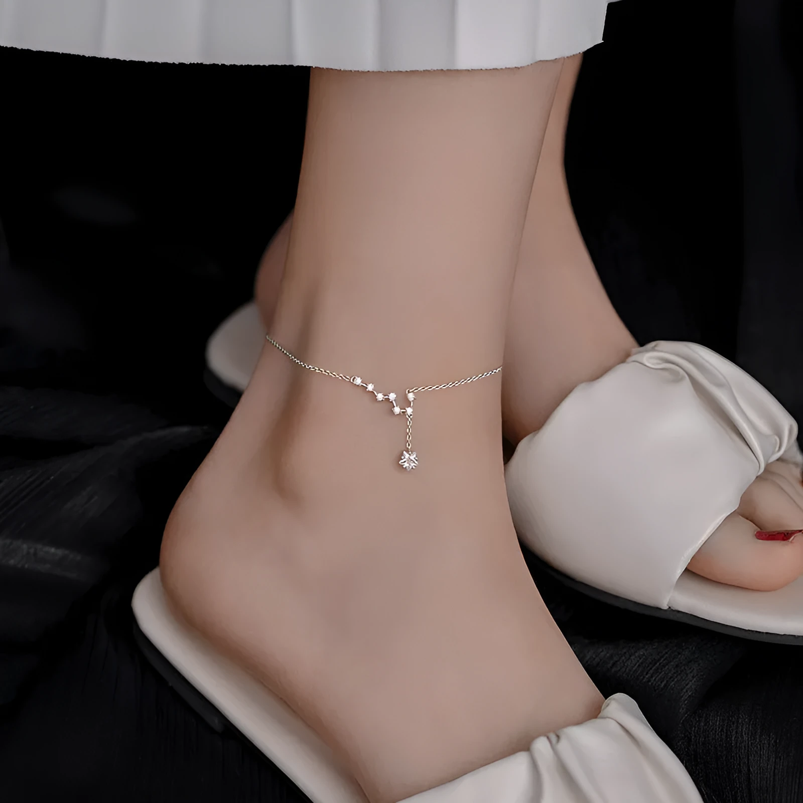 Big Dipper white alloy star anklet for women on white background