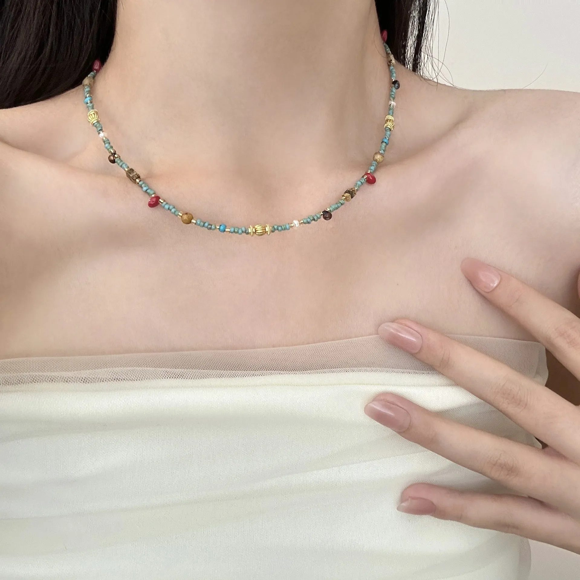 New Chinese style natural turquoise colour beaded necklace on titanium steel chain with round pendant for women