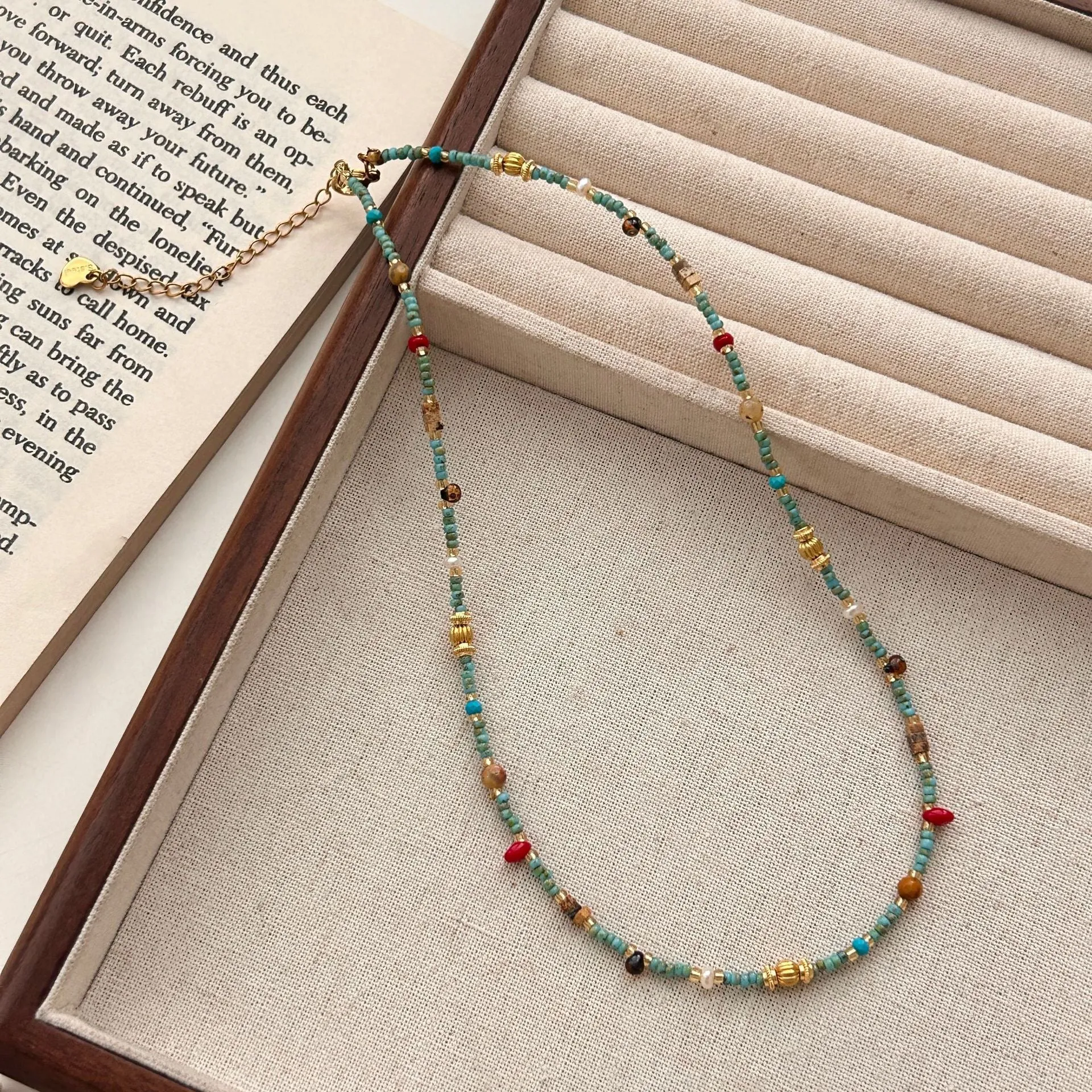 New Chinese style natural turquoise colour beaded necklace on titanium steel chain with round pendant for women