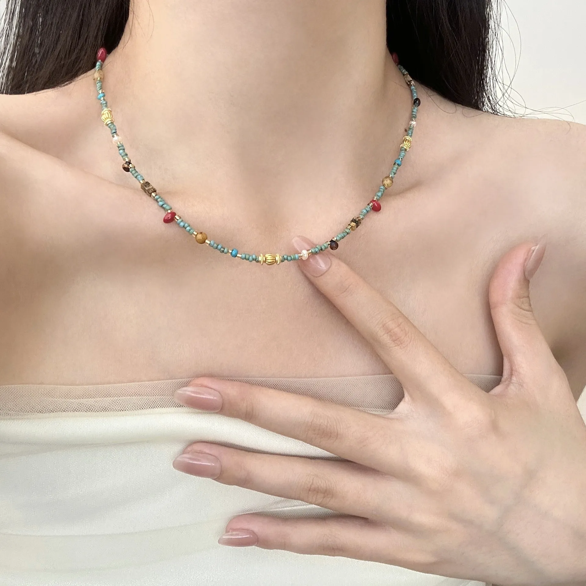 New Chinese style natural turquoise colour beaded necklace on titanium steel chain with round pendant for women