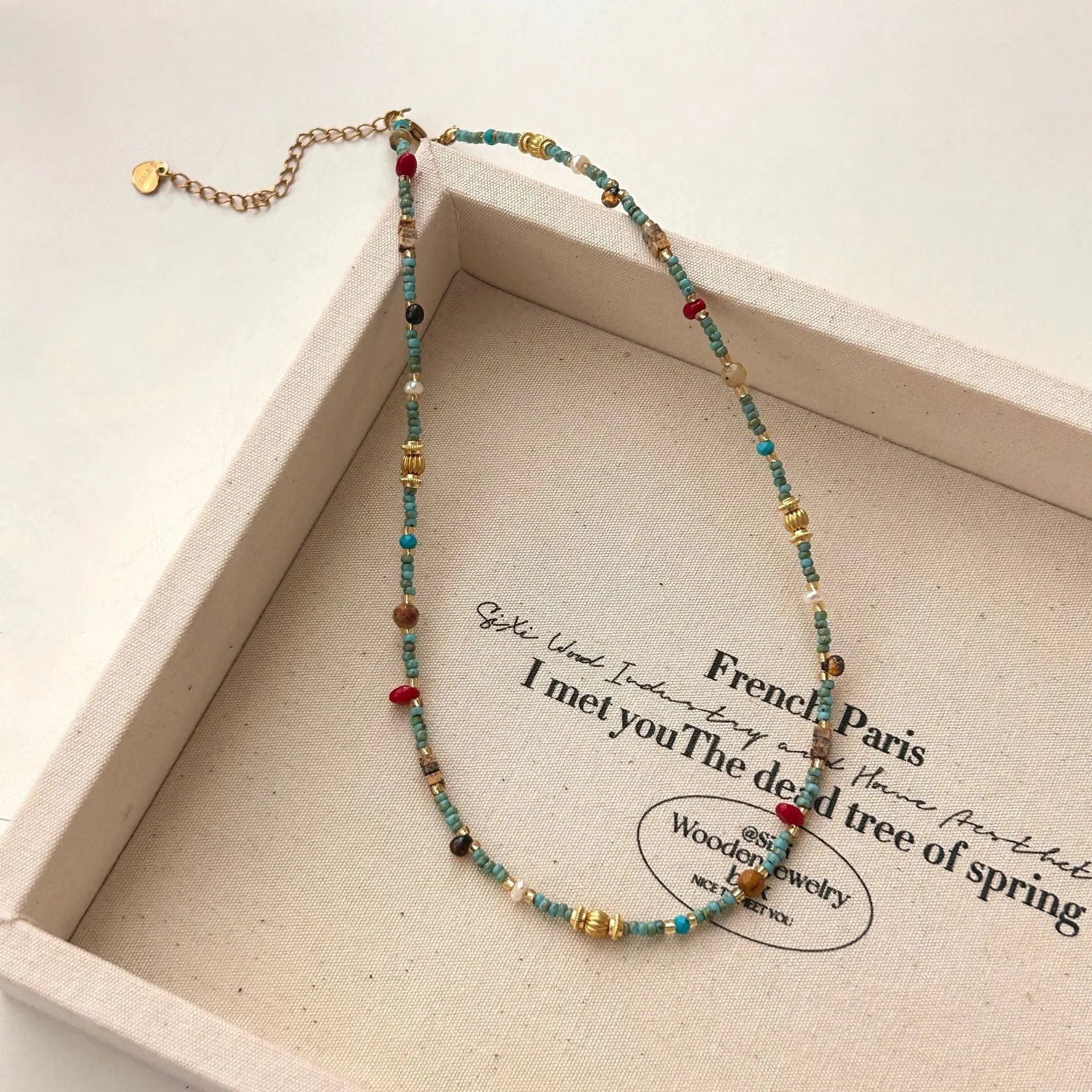 New Chinese style natural turquoise colour beaded necklace on titanium steel chain with round pendant for women