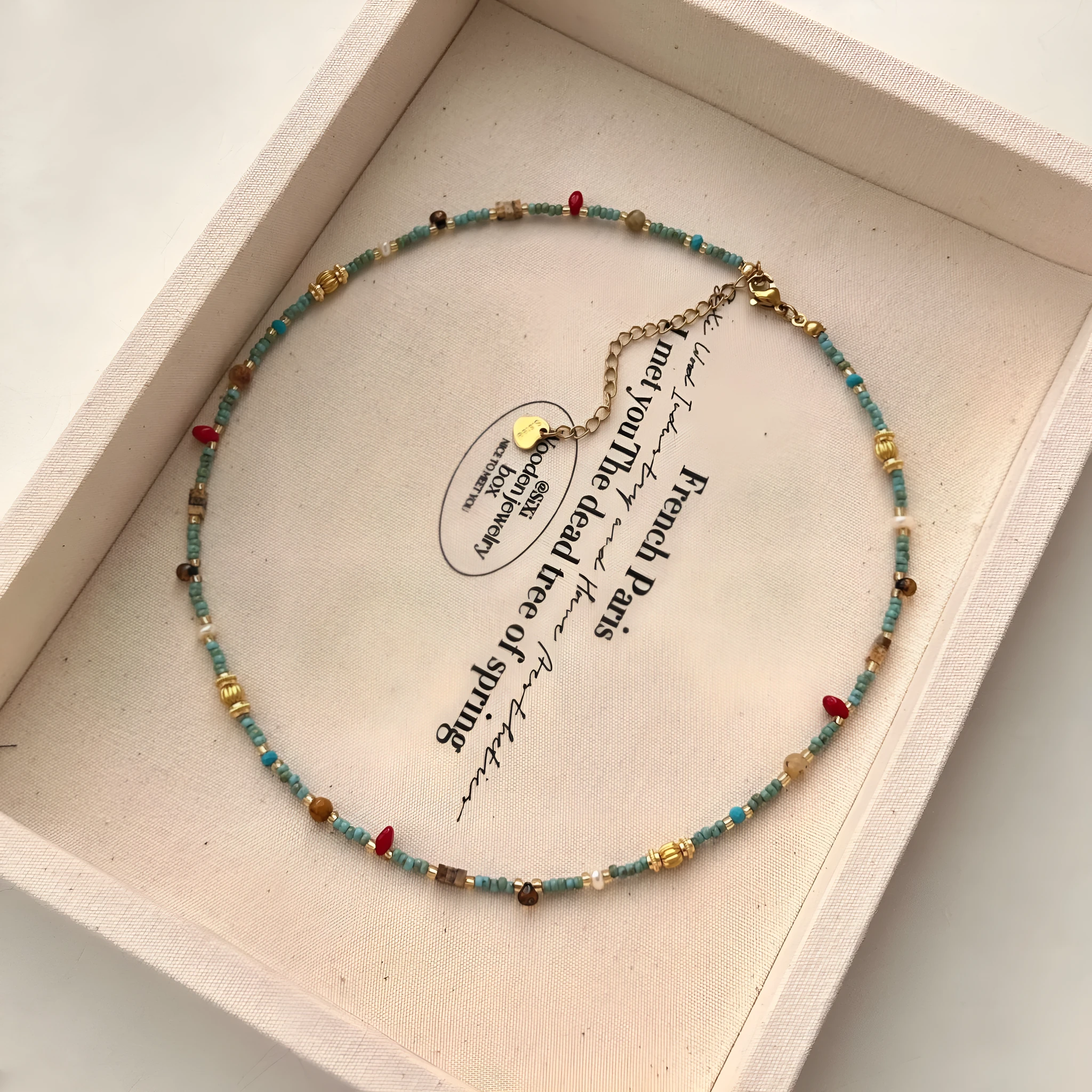 New Chinese style natural turquoise colour beaded necklace on titanium steel chain with round pendant for women