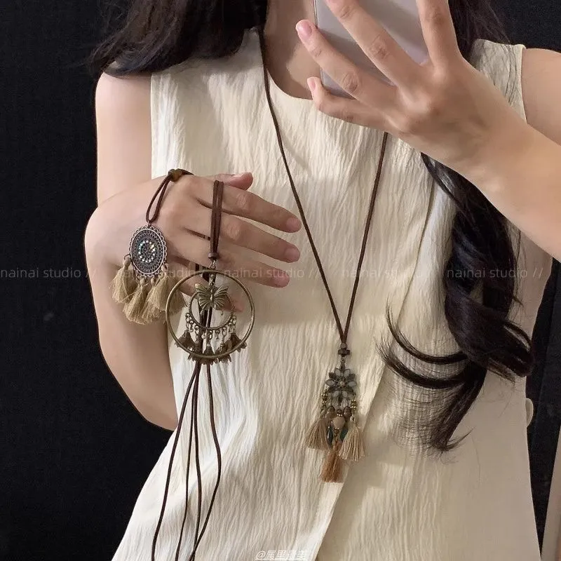 Retro ethnic style tassel long pendant necklace with copper alloy and acrylic in dreamcatcher colour