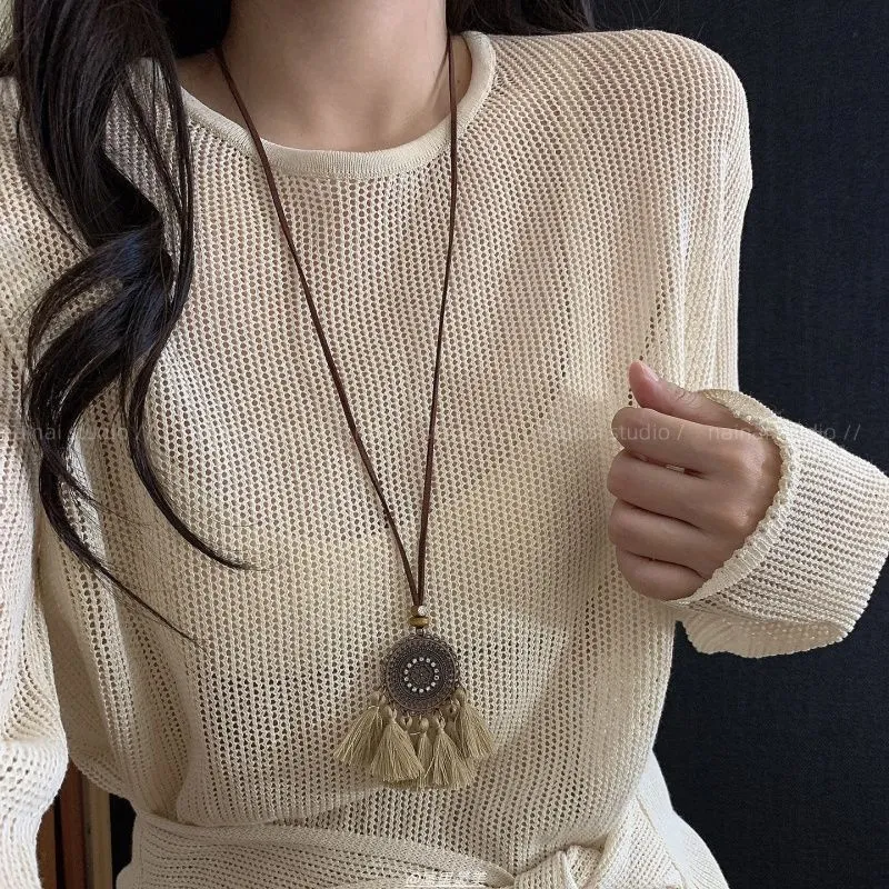 Retro ethnic style tassel long pendant necklace with copper alloy and acrylic in dreamcatcher colour