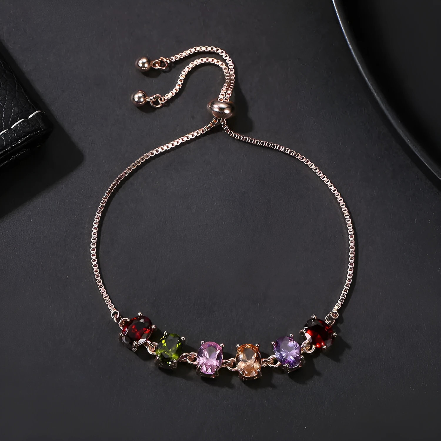 Copper geometric bracelet with inlaid zircon and glass stones for women in water drop diamond shape