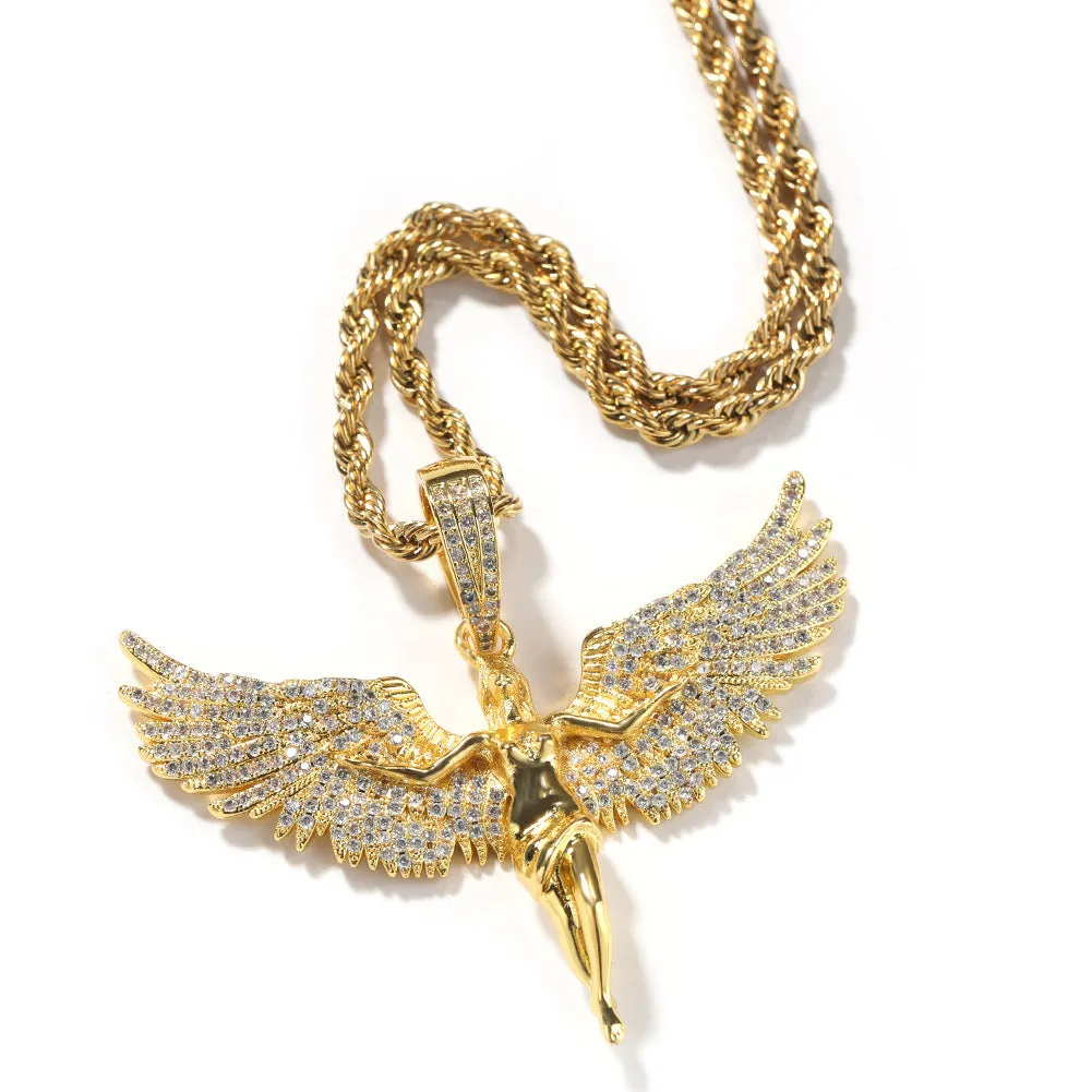 Copper retro angel wings diamond pendant necklace with 24-inch chain in gold finish