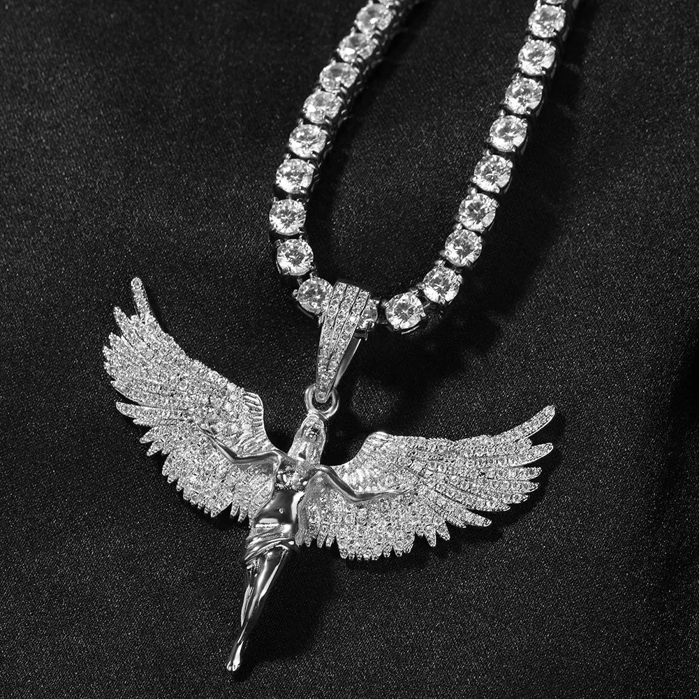 Copper retro angel wings diamond pendant necklace with 24-inch chain in gold finish