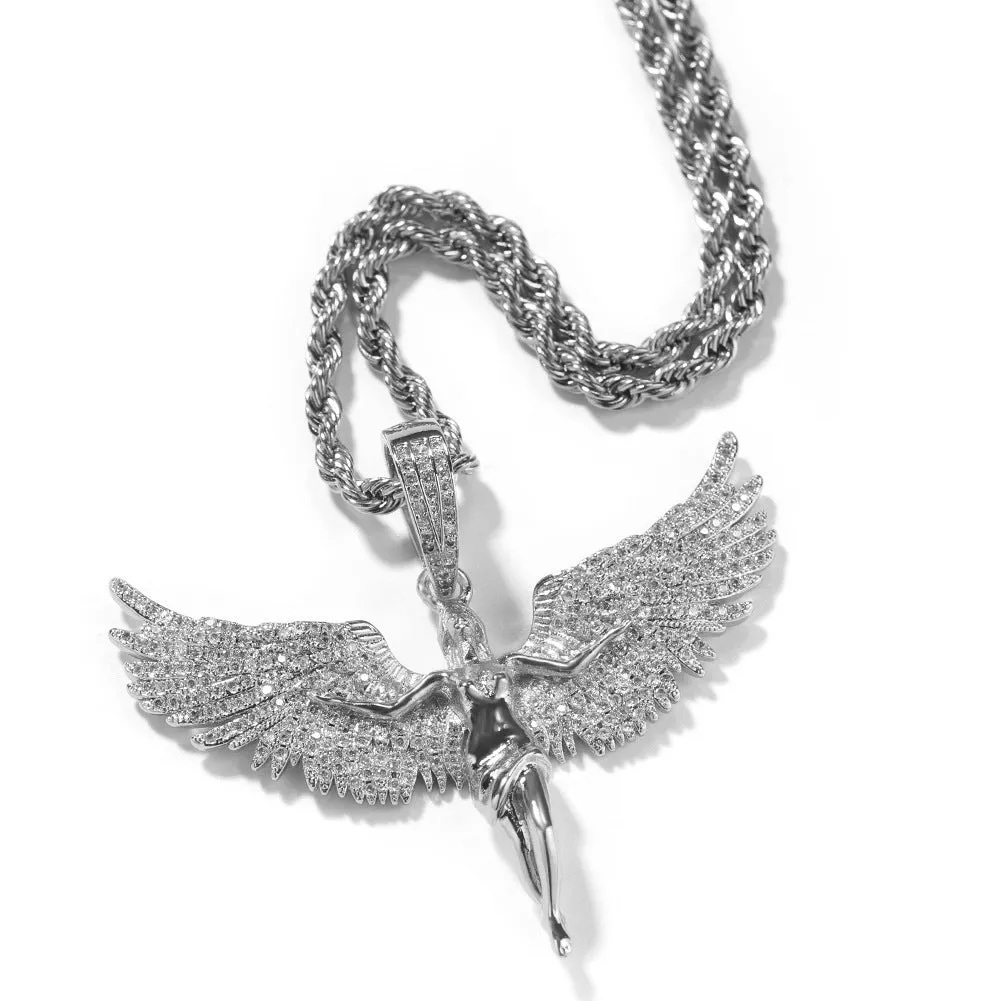 Copper retro angel wings diamond pendant necklace with 24-inch chain in gold finish