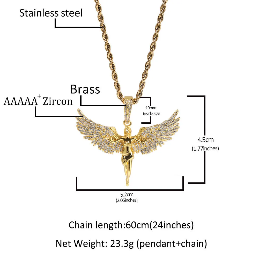 Copper retro angel wings diamond pendant necklace with 24-inch chain in gold finish