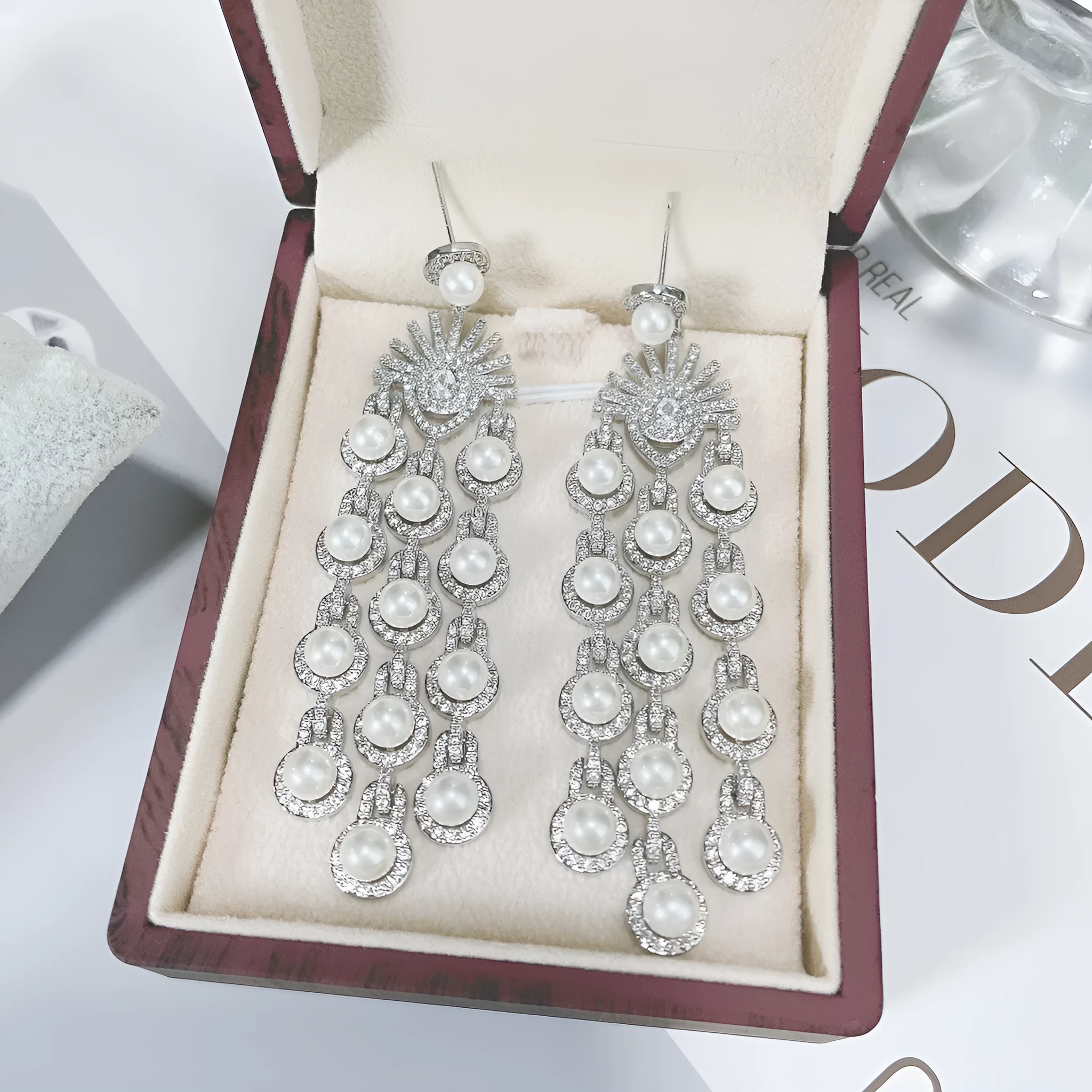 Micro inlay zircon beaded fringe earrings in gold zircon colour on copper base, drop dangle style