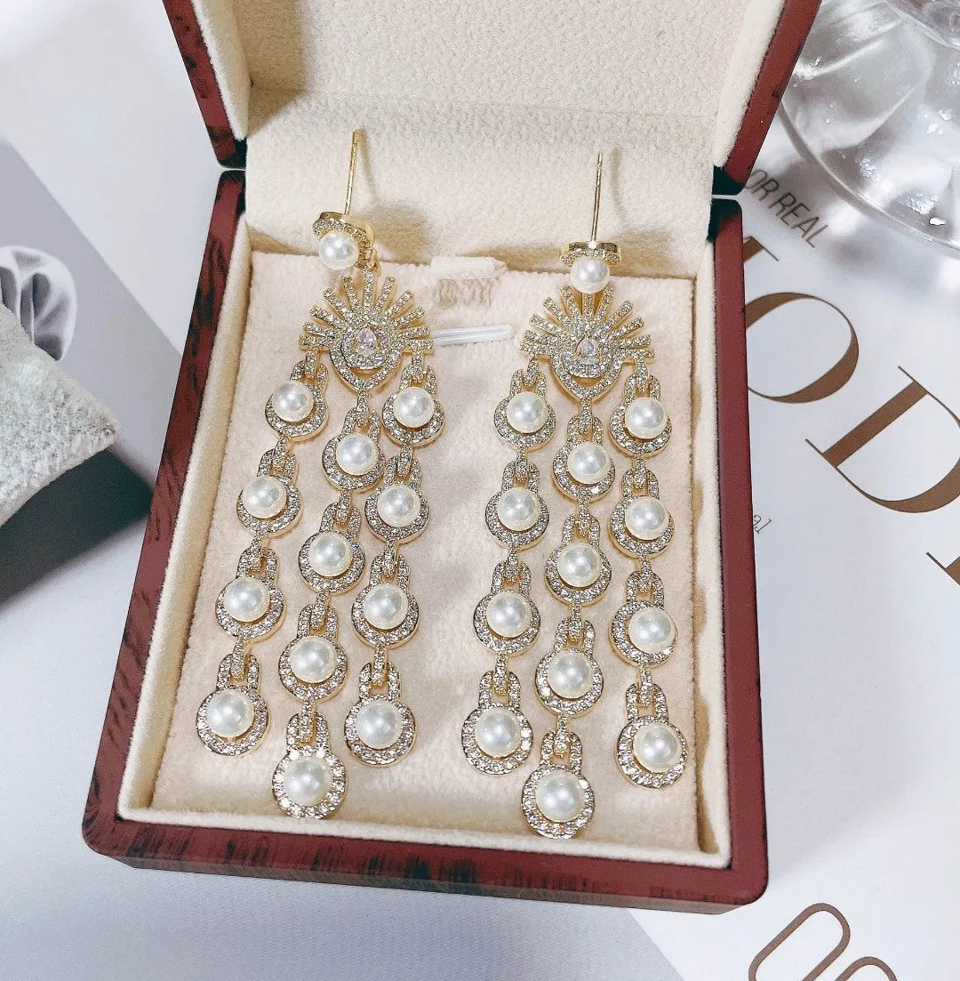 Micro inlay zircon beaded fringe earrings in gold zircon colour on copper base, drop dangle style