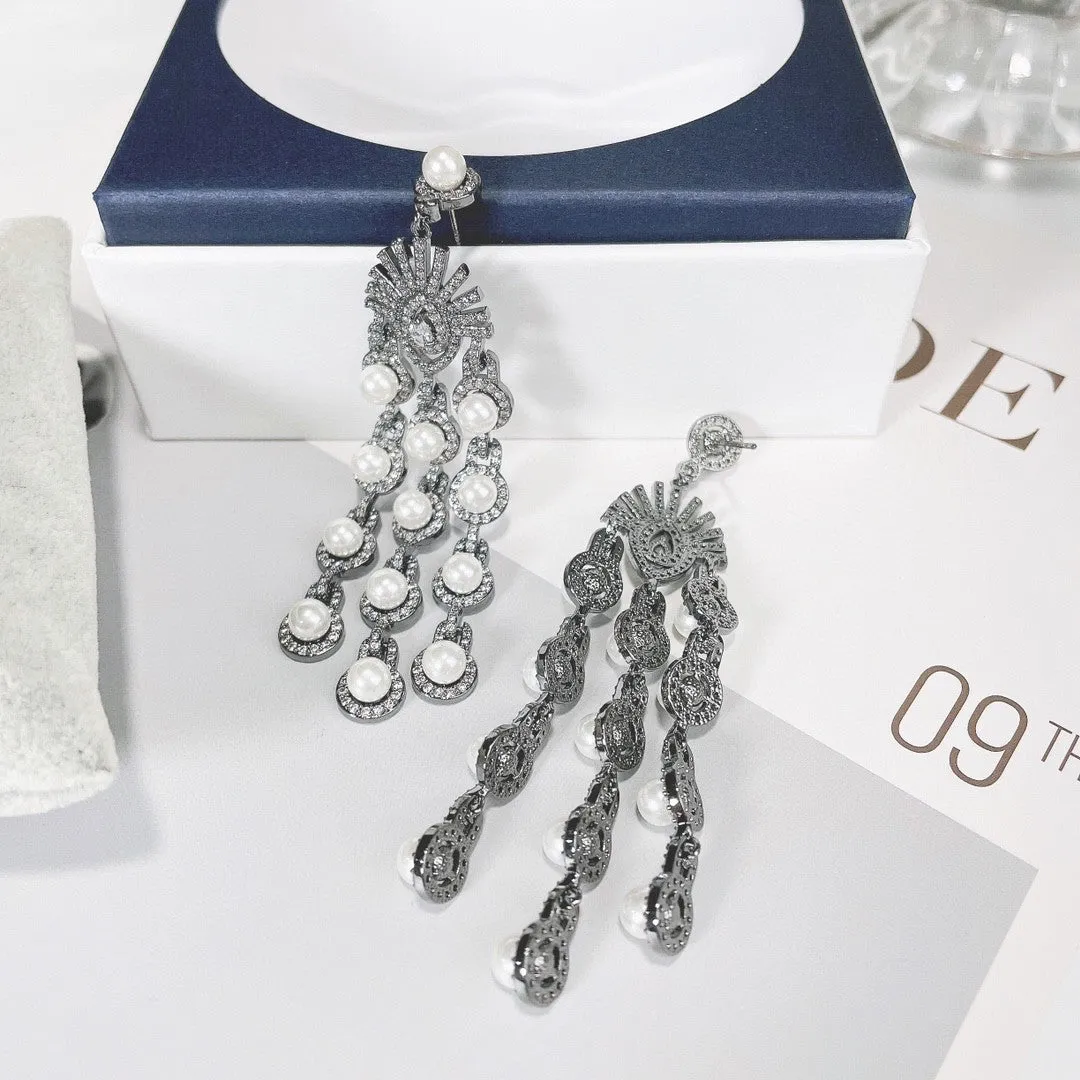 Micro inlay zircon beaded fringe earrings in gold zircon colour on copper base, drop dangle style