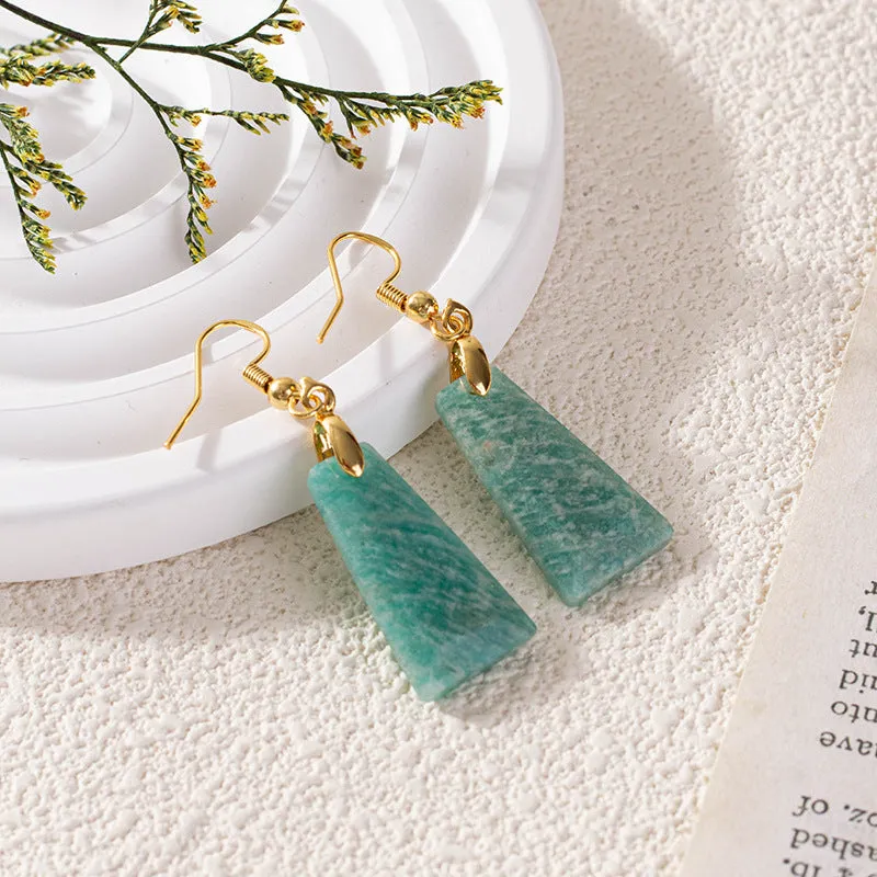 Amazonite rough stone trapezoid earrings with geometric design in gold and silver colours