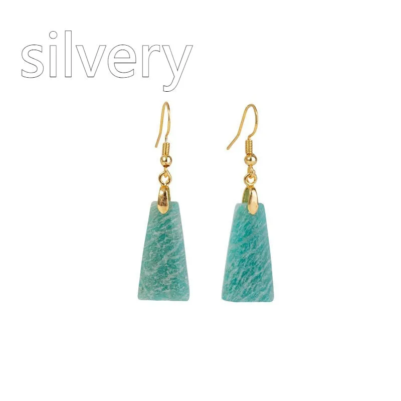 Amazonite rough stone trapezoid earrings with geometric design in gold and silver colours