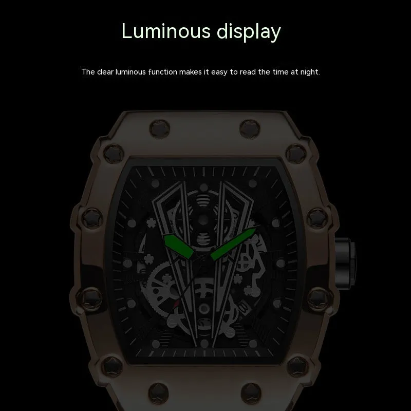 Men's sports waterproof quartz watch black rubber strap barrel dial mineral glass