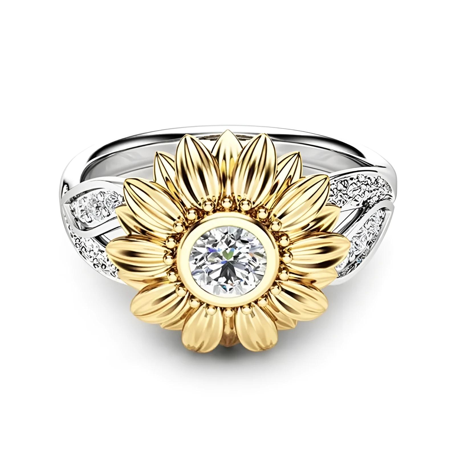 Gold-plated sunflower colour separation zircon crystal couple ring in silver, 15mm width