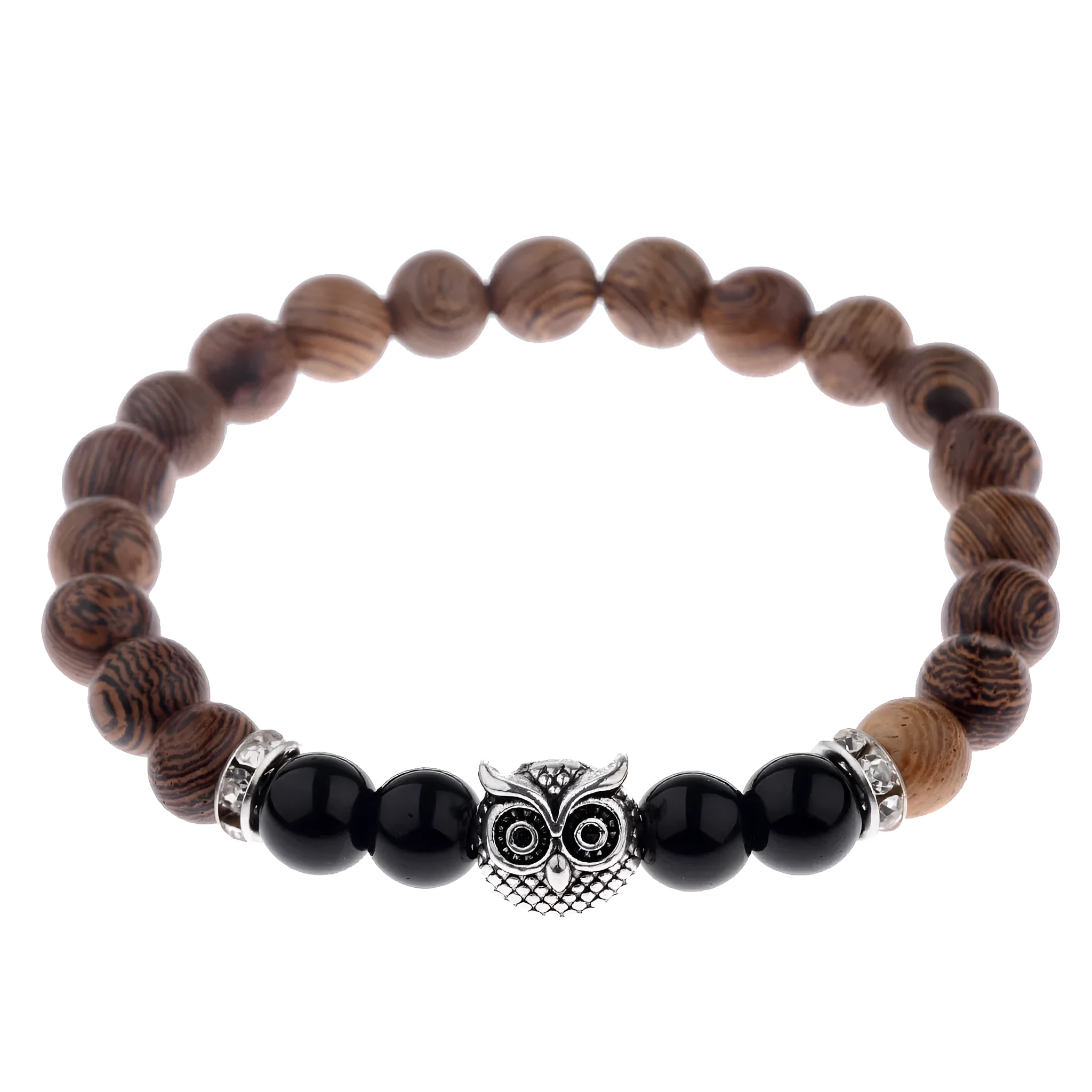Owl frosted stone lifeline wood grain bracelet in black with wood beads and alloy clasp