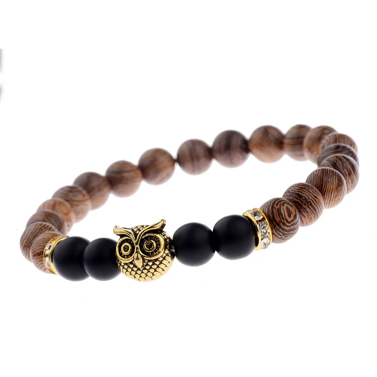 Owl frosted stone lifeline wood grain bracelet in black with wood beads and alloy clasp
