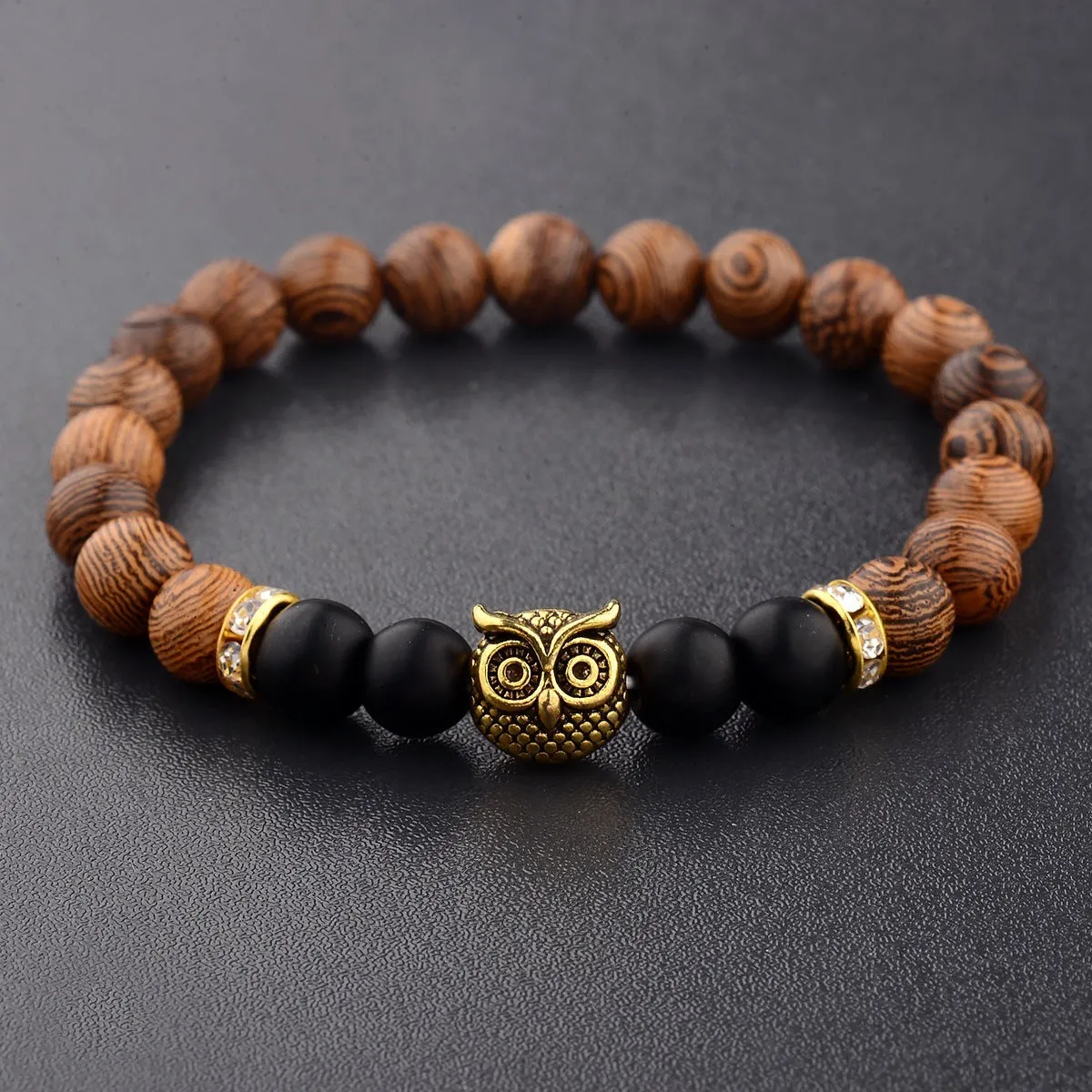 Owl frosted stone lifeline wood grain bracelet in black with wood beads and alloy clasp