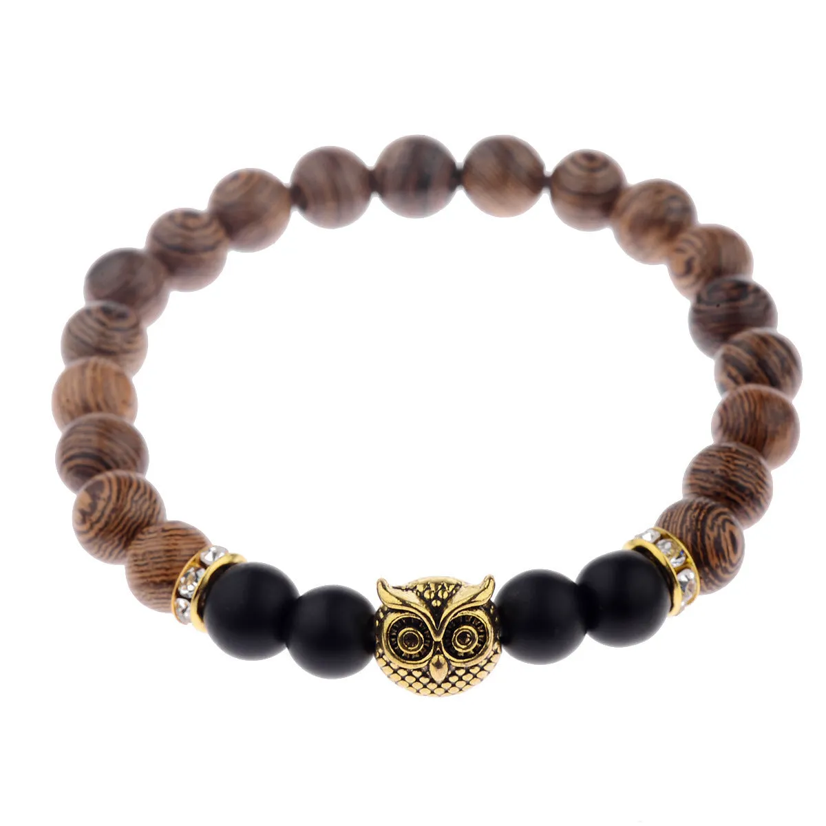 Owl frosted stone lifeline wood grain bracelet in black with wood beads and alloy clasp