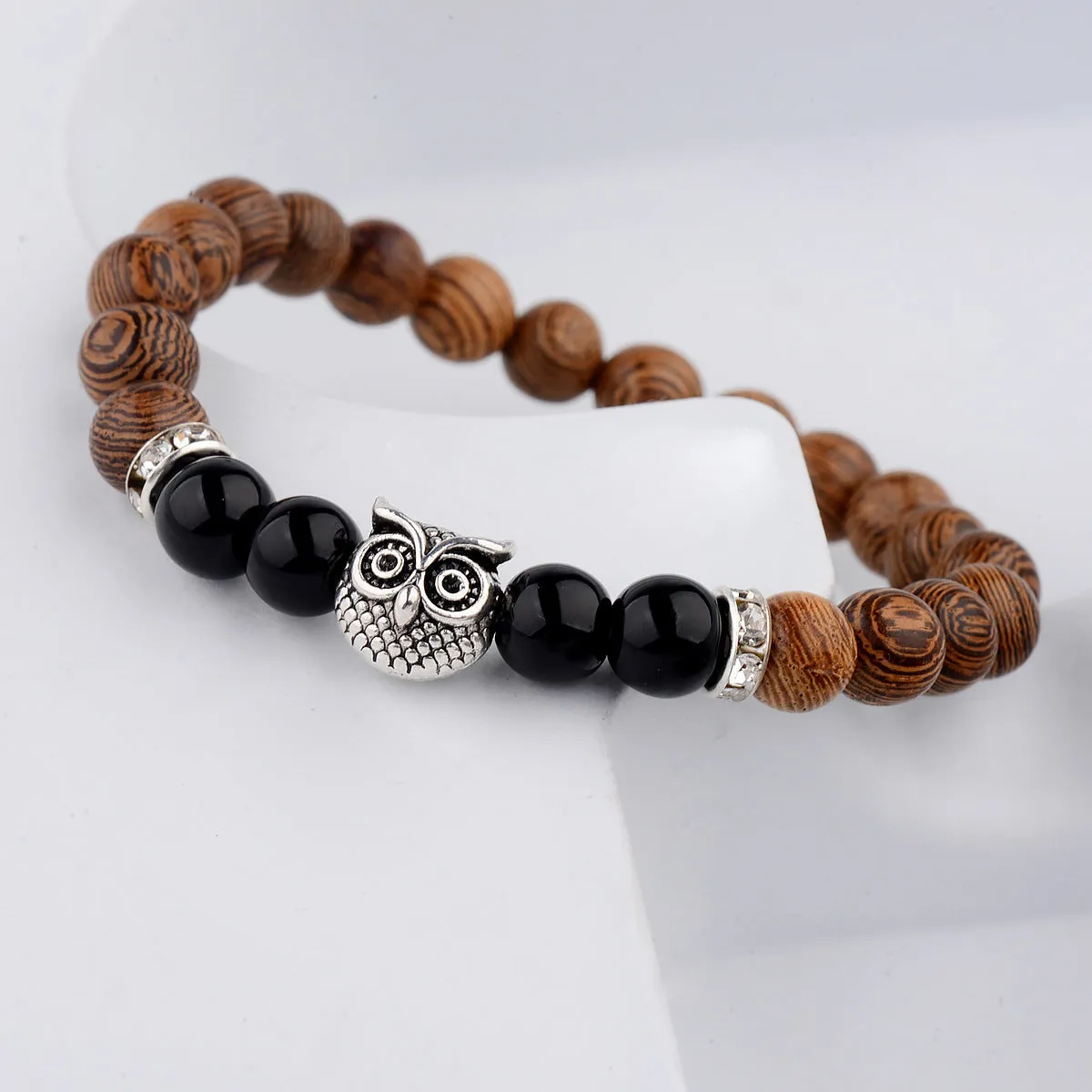 Owl frosted stone lifeline wood grain bracelet in black with wood beads and alloy clasp