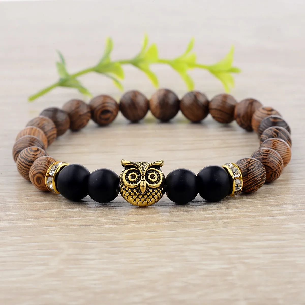 Owl frosted stone lifeline wood grain bracelet in black with wood beads and alloy clasp